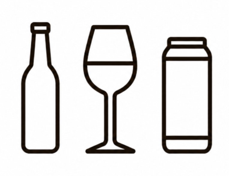 Beer bottle, wine glass, and can